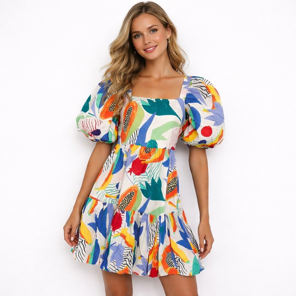 Oliphant Bubble Skirt Mini Dress Papaya Yellow Puff Sleeve Summer Vacation XS